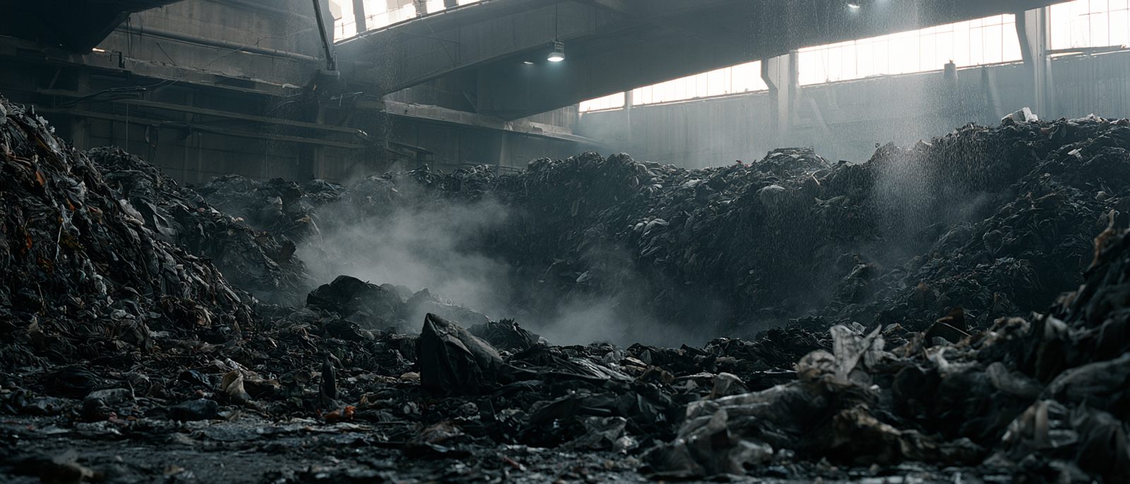 Vapour rising from a deep pile of compacted mixed waste inside a concrete transfer station, with water falling from overhead.